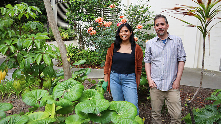 Dalaena Rivera and Robert Luallen stood among spotted leopard plants where they found nematodes used to explore solutions to gut health issues
