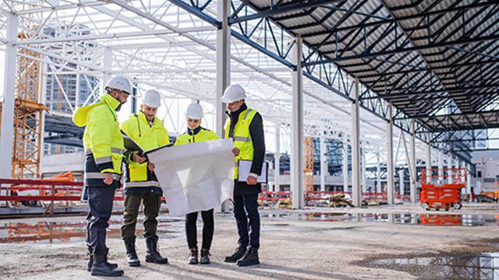 Engineers view plans in a modern building construction