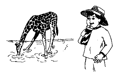 a boy drinks water just as the giraffe is drinking water