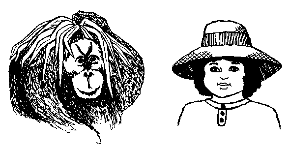 a girl wearing a wide brim hat just as a chimpanzee wears a hat made of plants